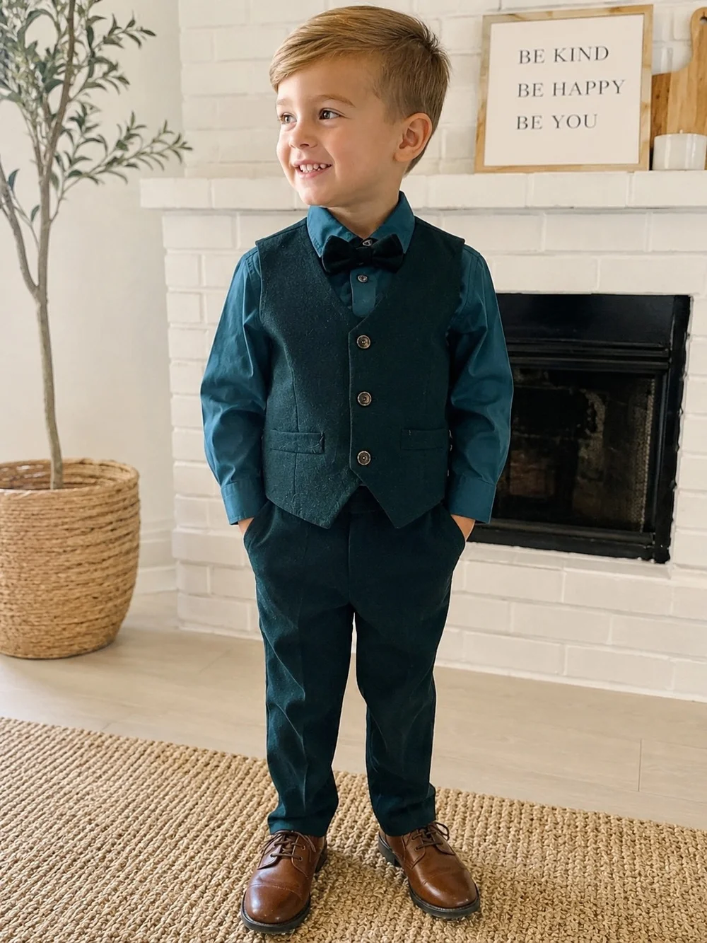 Boys Formal Suit Set 4T Vest Shirt Pants & Bow Tie Teal